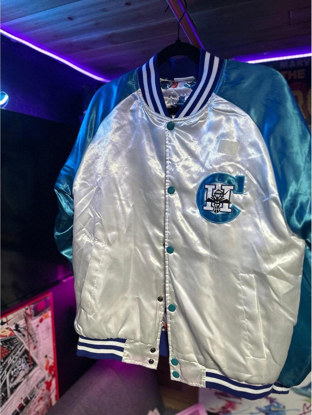 Charlotte Hornets Satin Bomber Jacket WHITE SIZE:MEDIUM